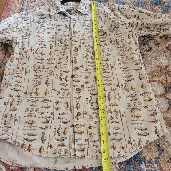 Woolrich Vintage Fly Fishing All Over Print Short Sleeve Button Down Tan Medium - Picture 8 of 9